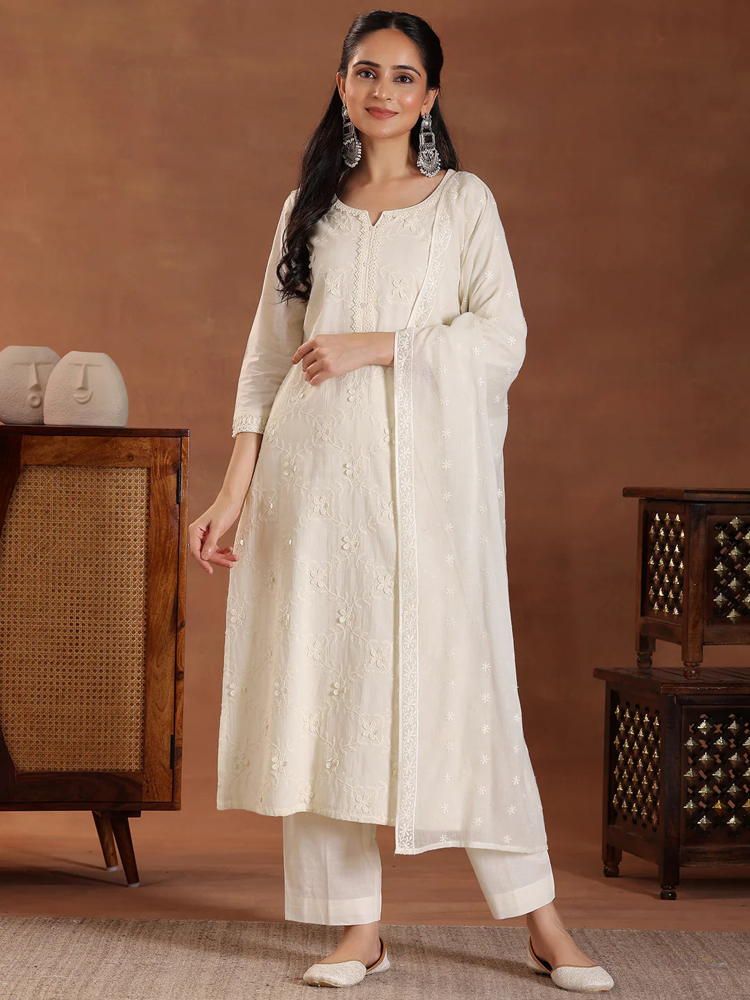 Off White Cotton Straight Kurta Ensemble with Delicate Embroidery and Coordinated Dupatta