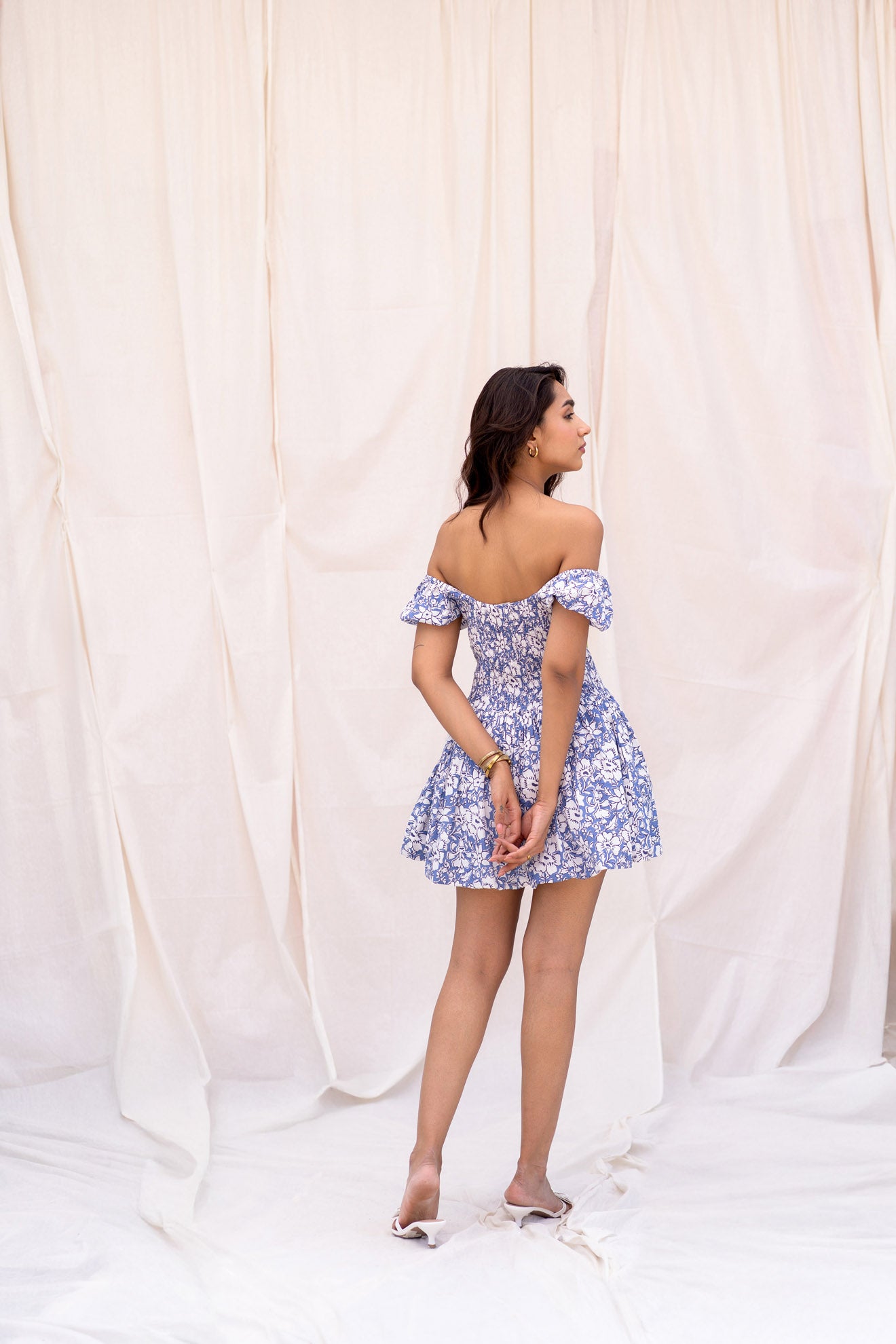 Lightweight Blue Floral Skort Dress with Piping Design Relaxed Fit for Women