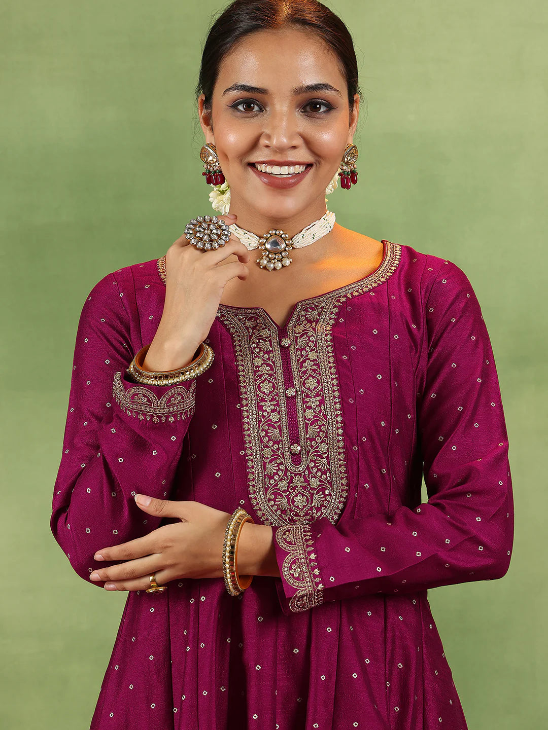 Maroon Silk Blend Anarkali Ensemble with Detailed Embroidery and Flowing Dupatta