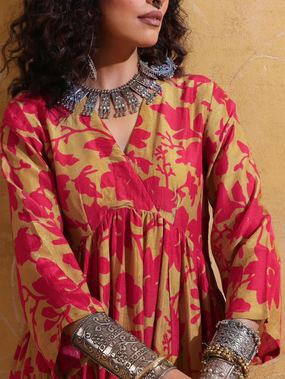 Red Mustard Muslin Silk Anarkali Kurta Set for Women with Jaal Print Perfect for Weddings and Holiday Parties