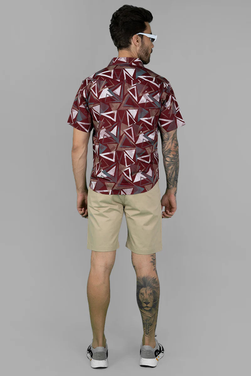 Bold Maroon Geometric Print Men’s Casual Funky Shirt Comfortable and Breathable for Daily Wear