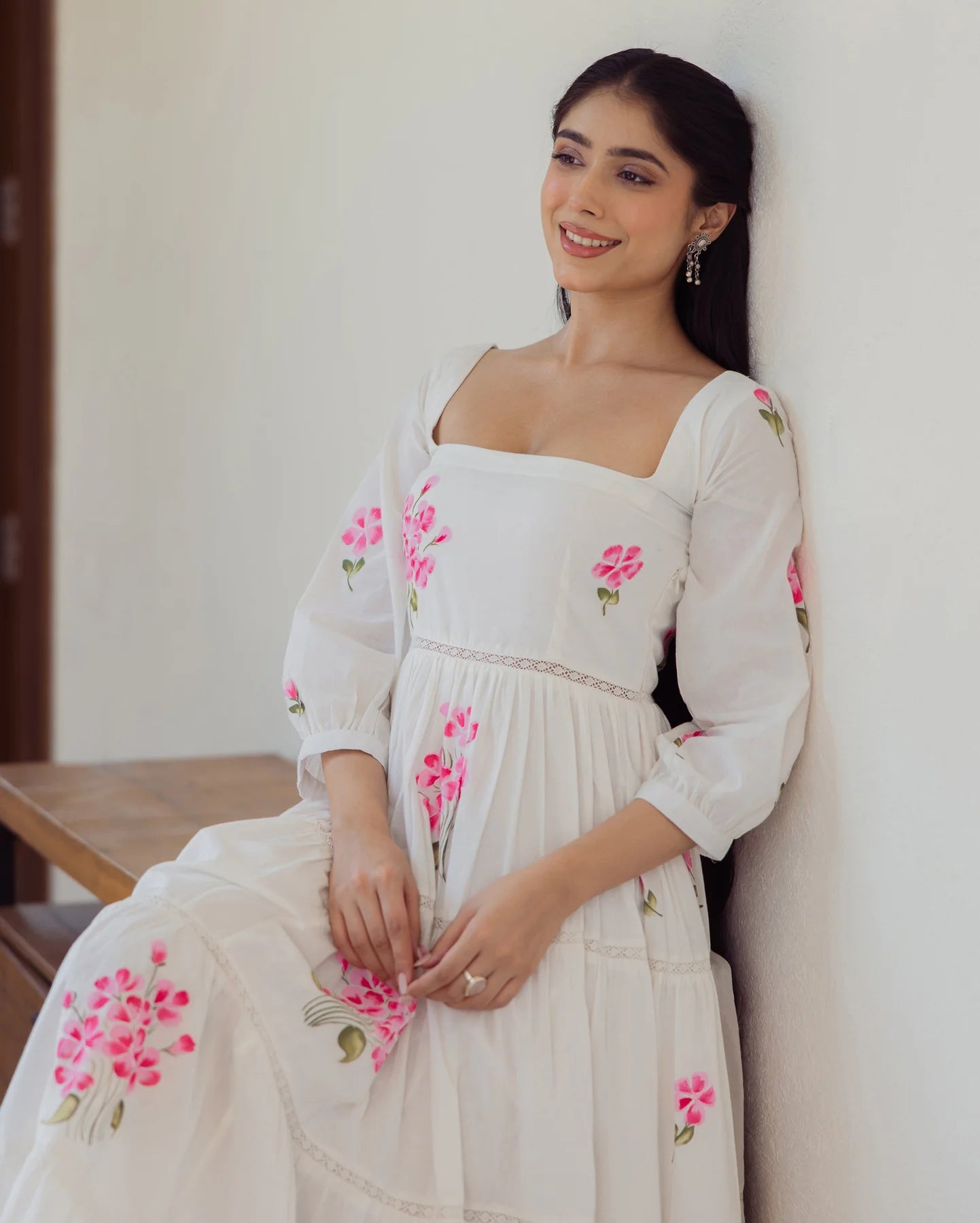 Elegant White Handpainted Cotton Dress with Soft Fabric and Flowing Hemline