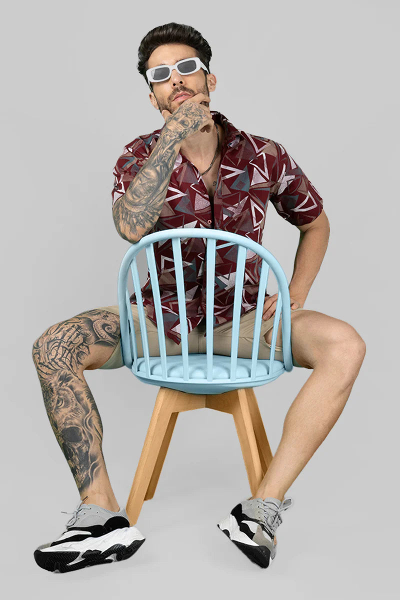 Bold Maroon Geometric Print Men’s Casual Funky Shirt Comfortable and Breathable for Daily Wear