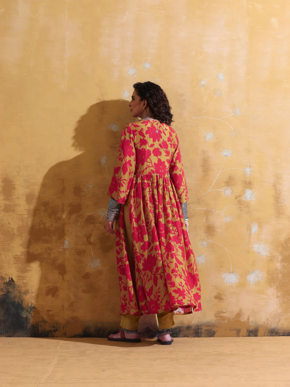 Red Mustard Muslin Silk Anarkali Kurta Set for Women with Jaal Print Perfect for Weddings and Holiday Parties