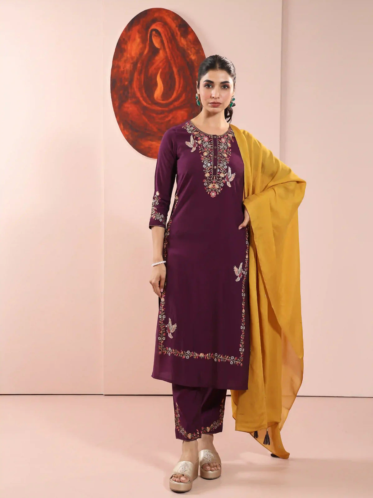 Classic Embroidery Kurta Set with Dupatta & Pants, Detailed with Sequins