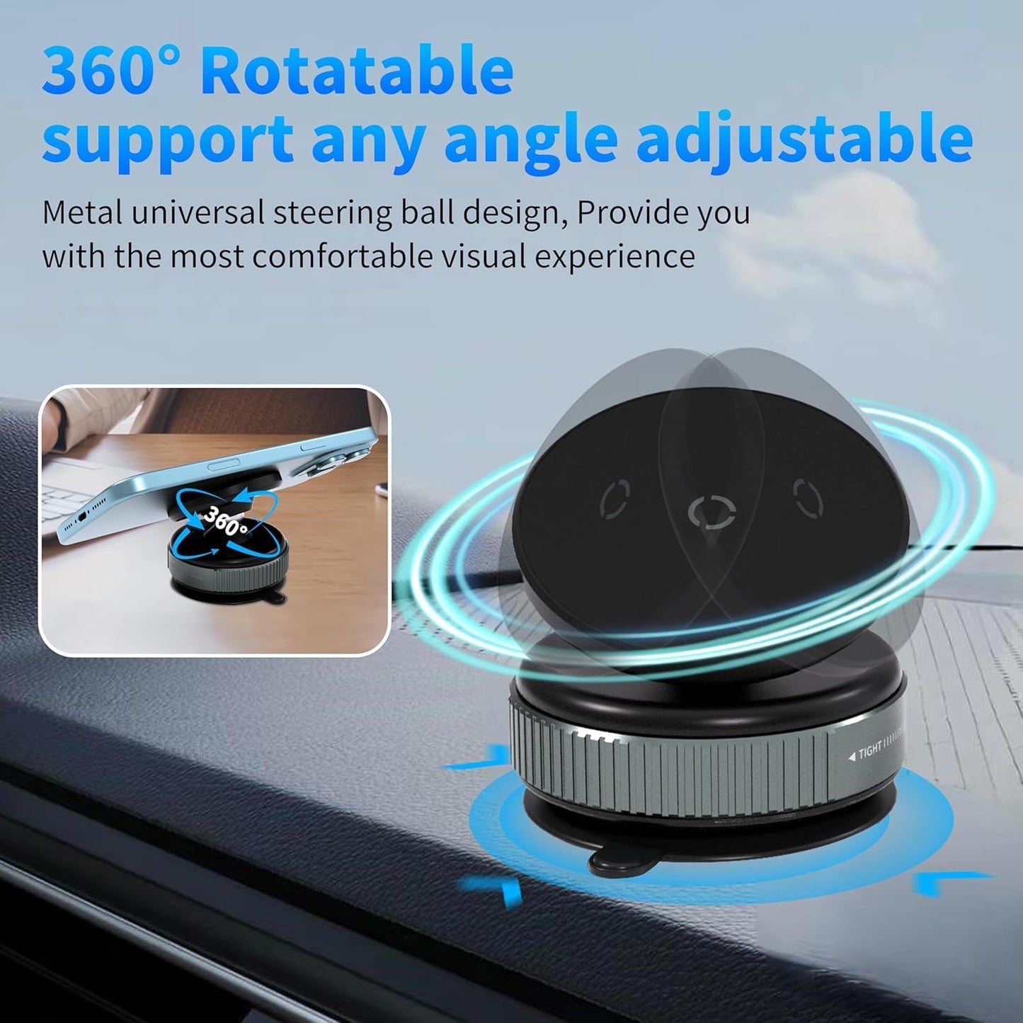 Magnetic Car Phone Mount 360° Rotating Suction Cup Holder Hands-Free for Mobile Phones in Car Gym Bathroom