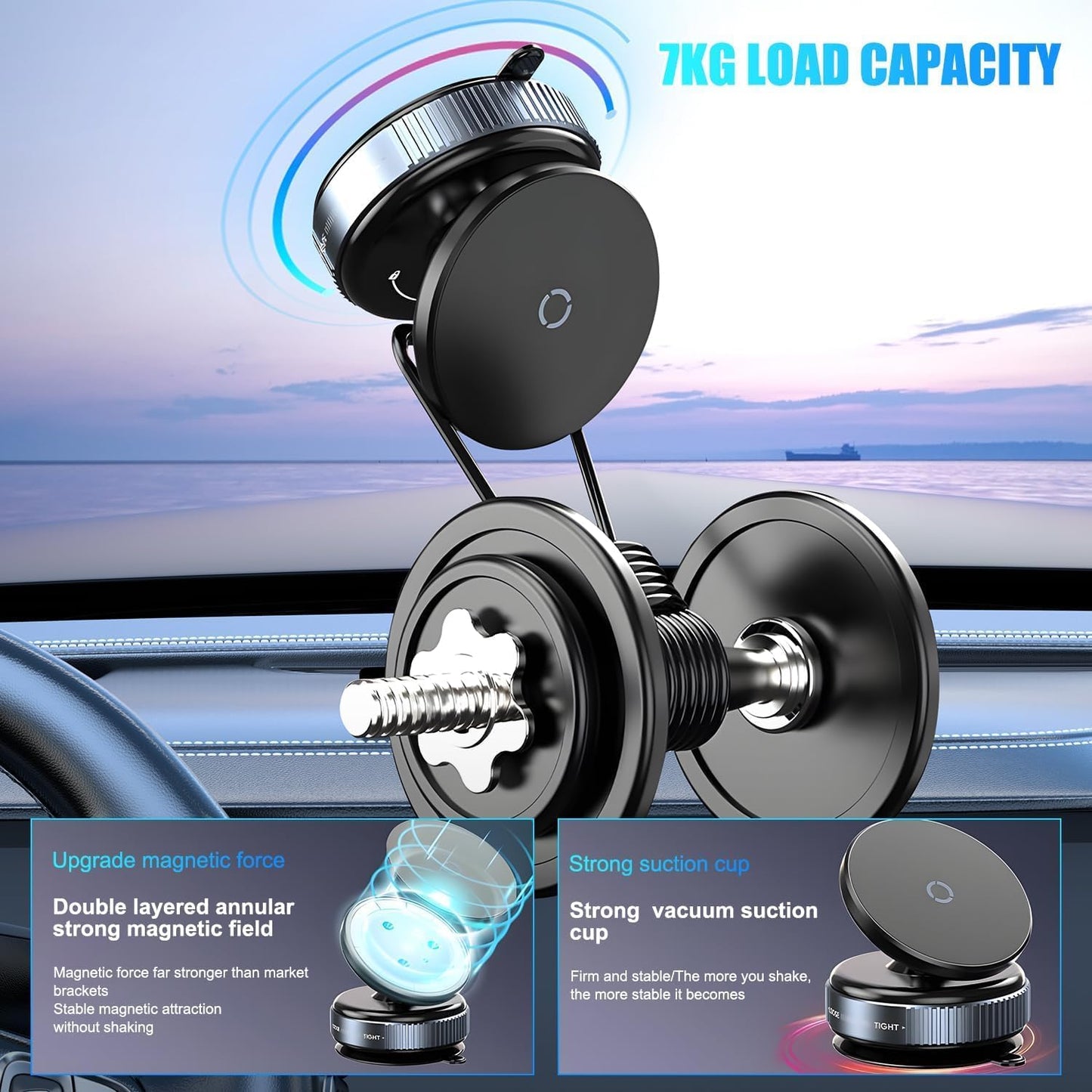 Magnetic Car Phone Mount 360° Rotating Suction Cup Holder Hands-Free for Mobile Phones in Car Gym Bathroom