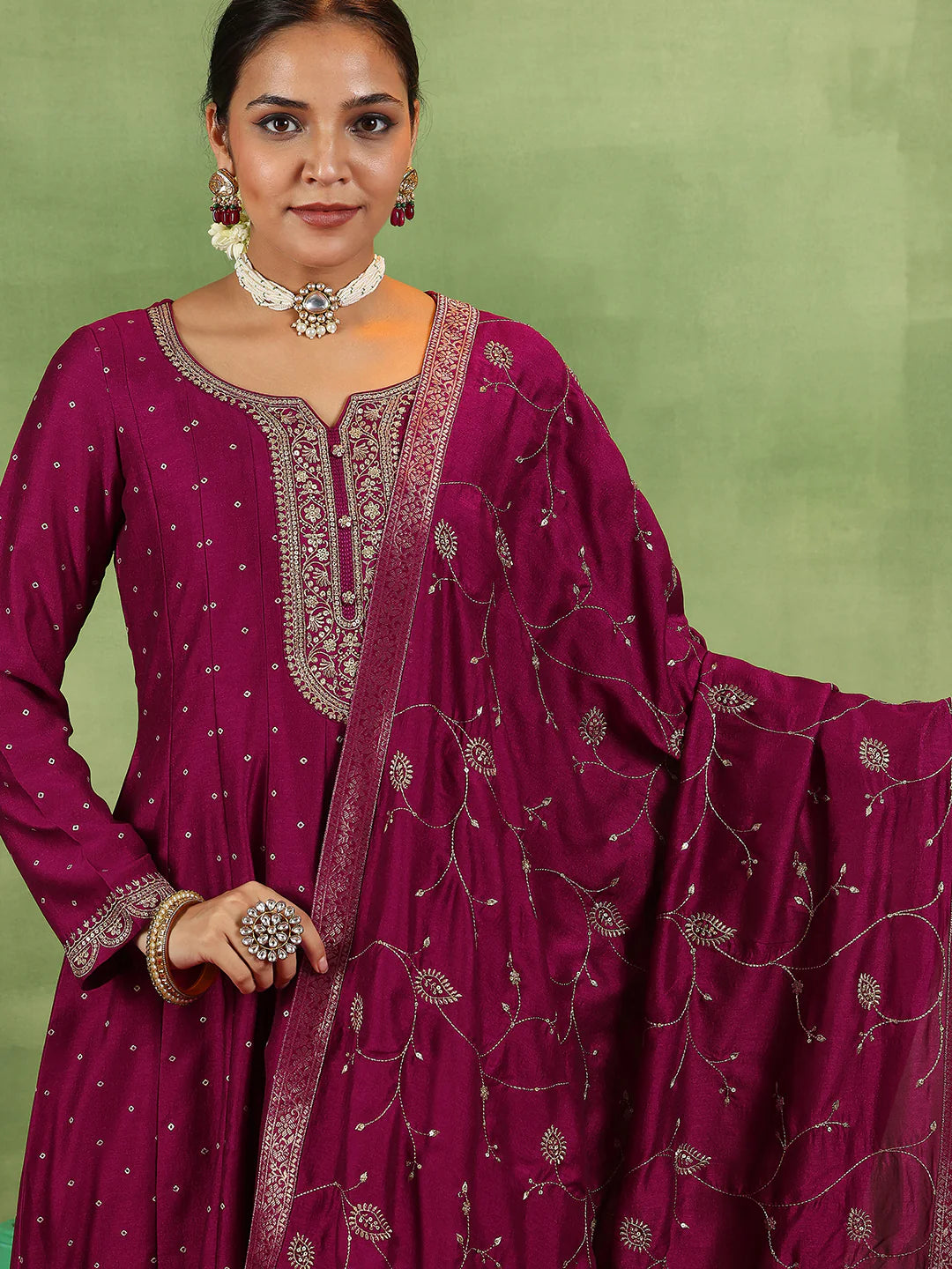 Maroon Silk Blend Anarkali Ensemble with Detailed Embroidery and Flowing Dupatta