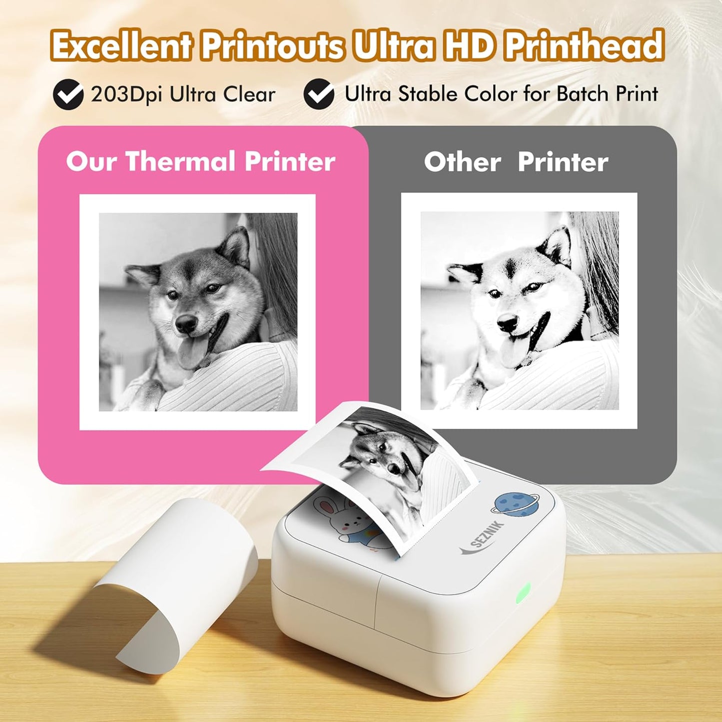 Portable Mini Printer Bluetooth Thermal Printer Wireless Home Printer Compatible with Android and iOS 1 Year Warranty