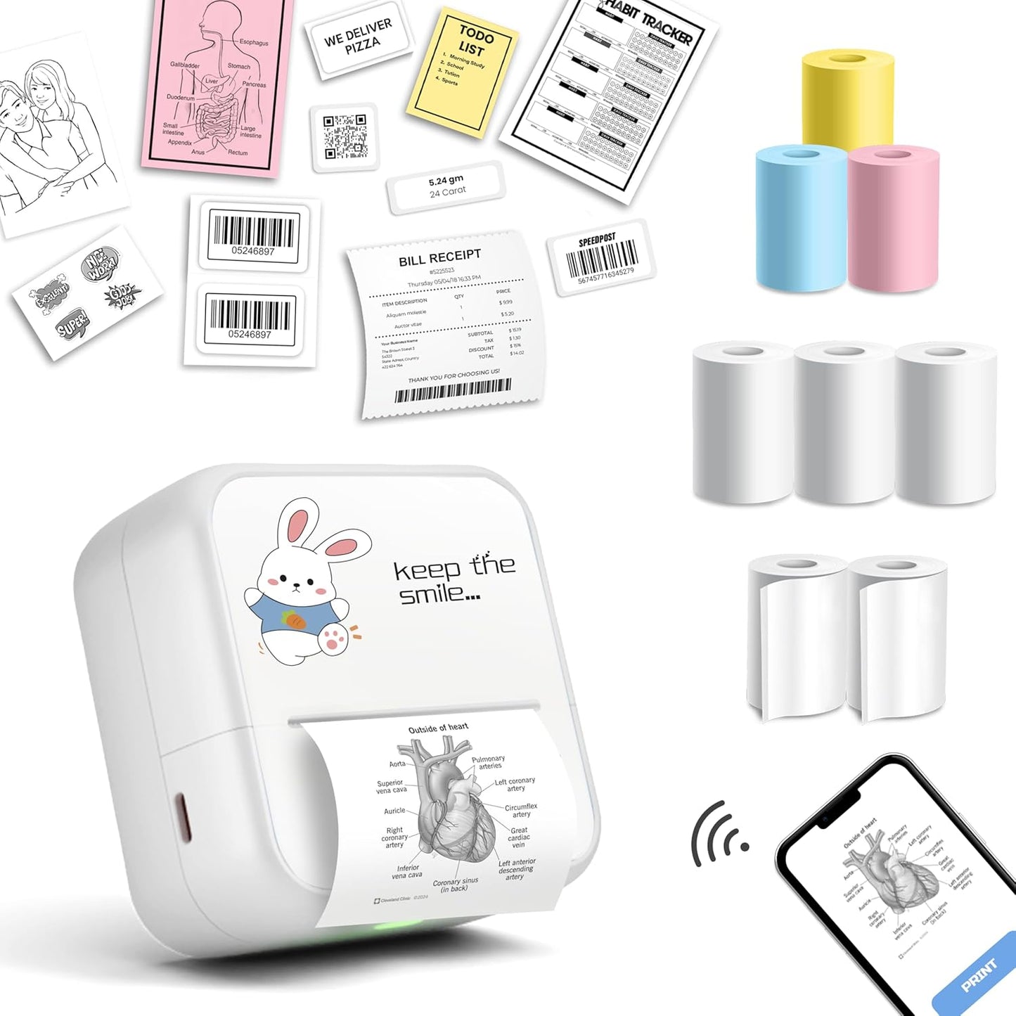 Portable Mini Printer Bluetooth Thermal Printer Wireless Home Printer Compatible with Android and iOS 1 Year Warranty