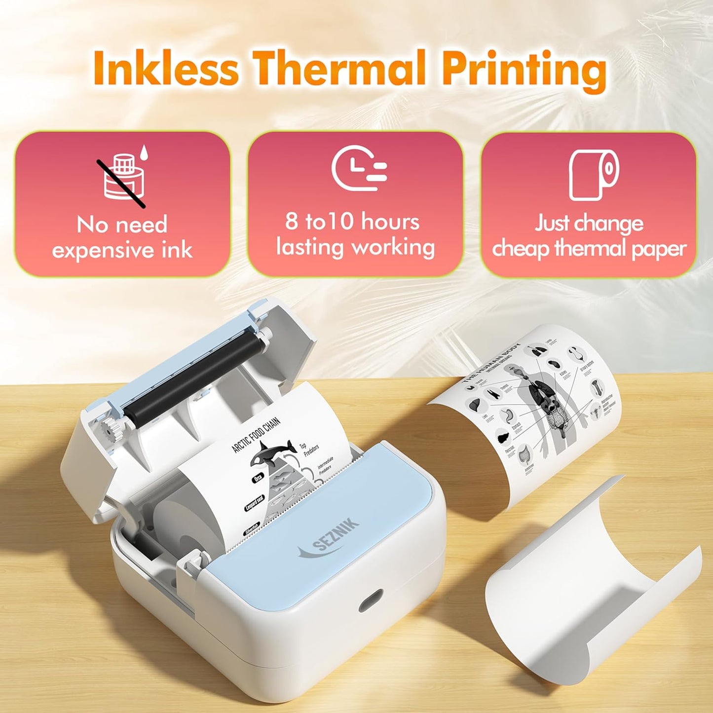 Portable Mini Printer Bluetooth Thermal Printer Wireless Home Printer Compatible with Android and iOS 1 Year Warranty