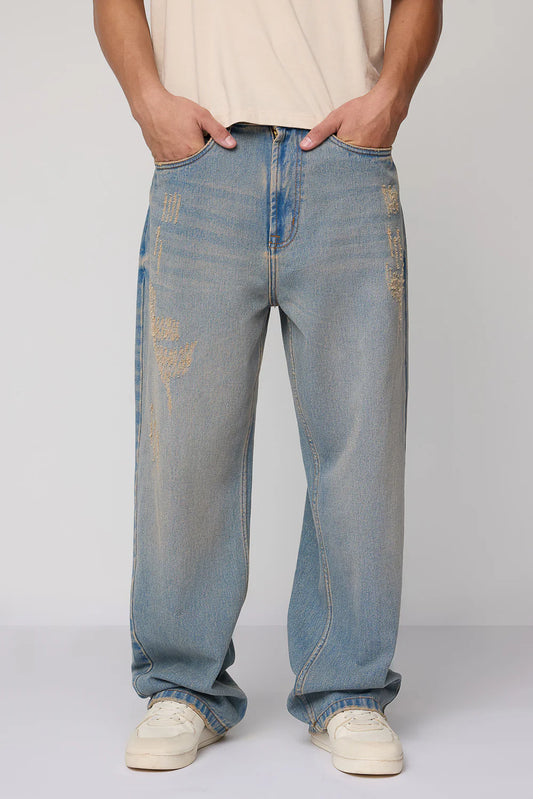 Classic Calm Blue Baggy Straight Fit Jeans for Men Streetwear