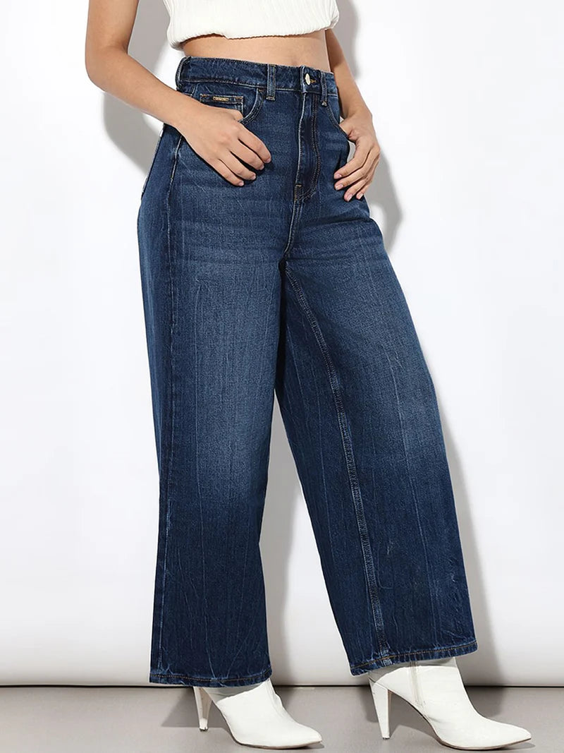 Trendy Blue High Rise Wide Leg Jeans for Women Lightweight Stylish and Modern