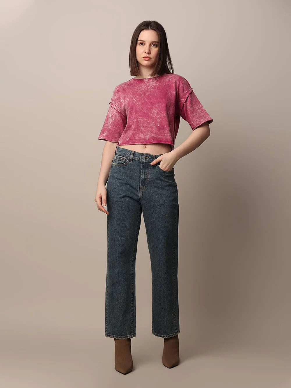 Stylish Pink Boxy Fit Washed T-Shirt for Women