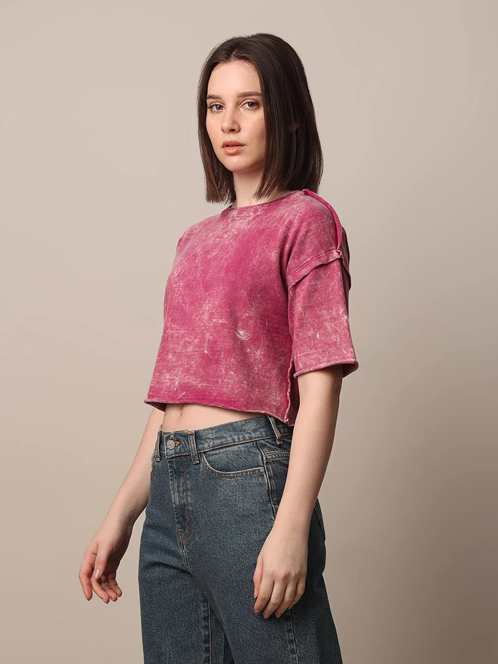 Stylish Pink Boxy Fit Washed T-Shirt for Women