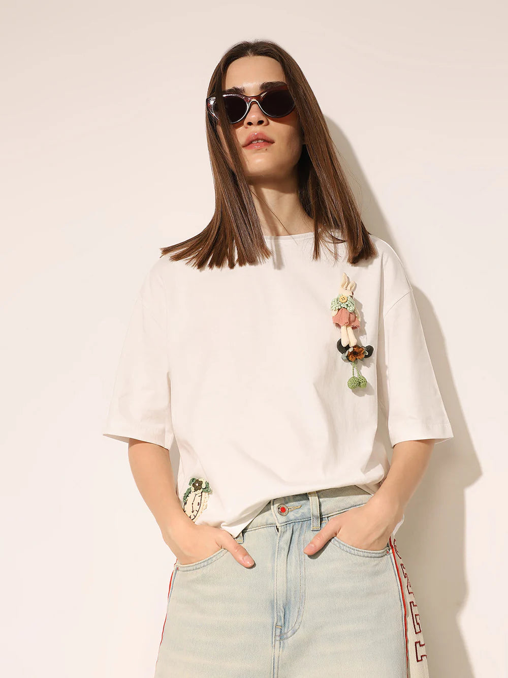 Casual White Applique Loose Fit Boxy T-Shirt for Women