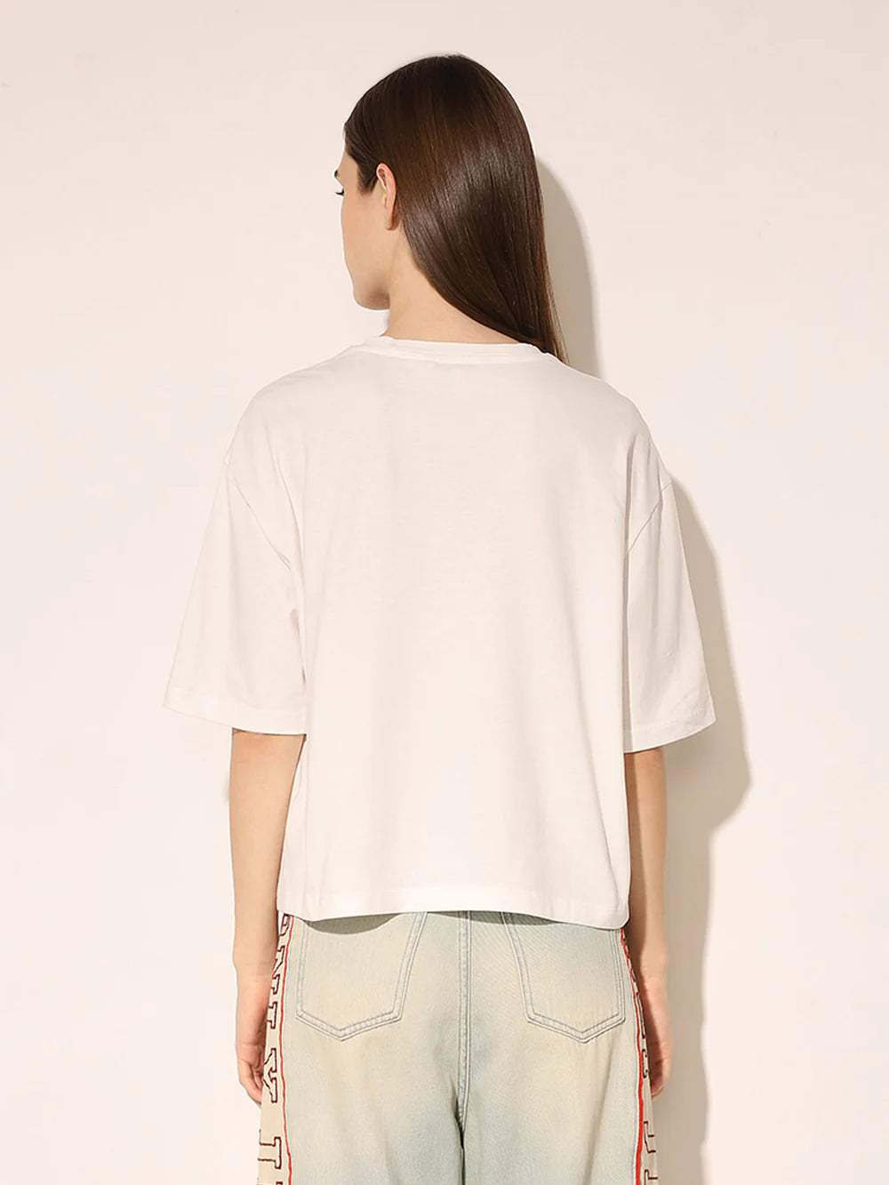 Casual White Applique Loose Fit Boxy T-Shirt for Women