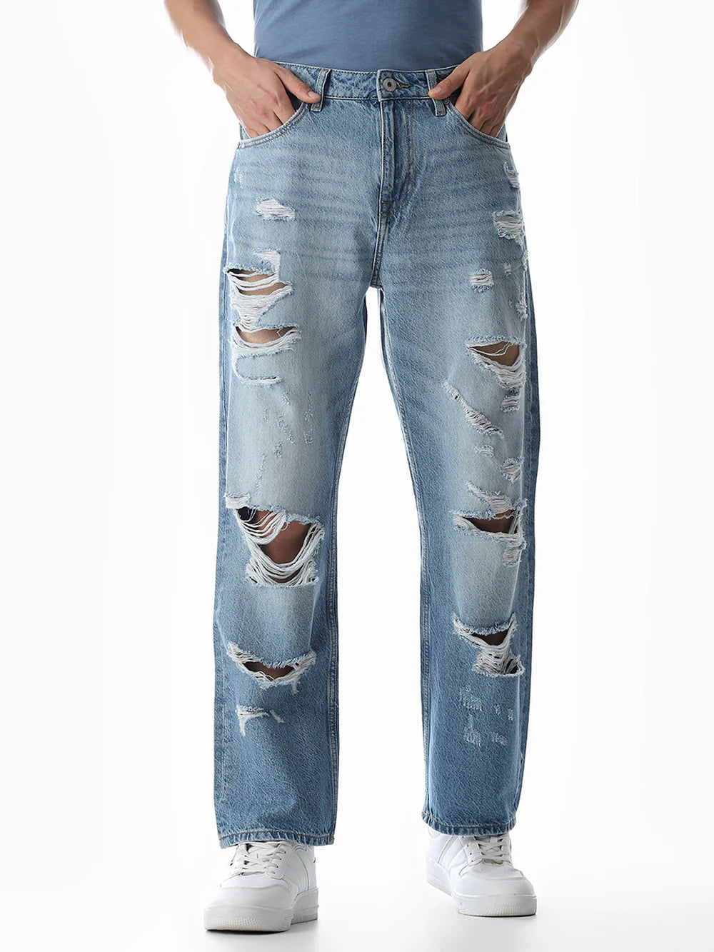 Loose Fit Casual Light Blue Jeans for Men with Heavy Worn and Distressed Look