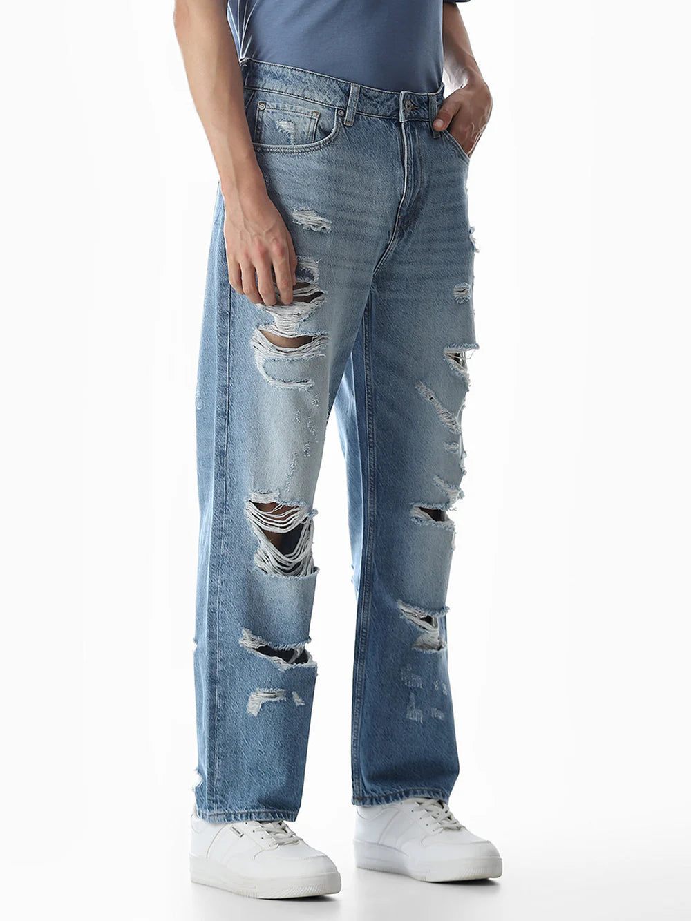Classic Light Blue Loose Fit Jeans for Men Distressed Casual Look