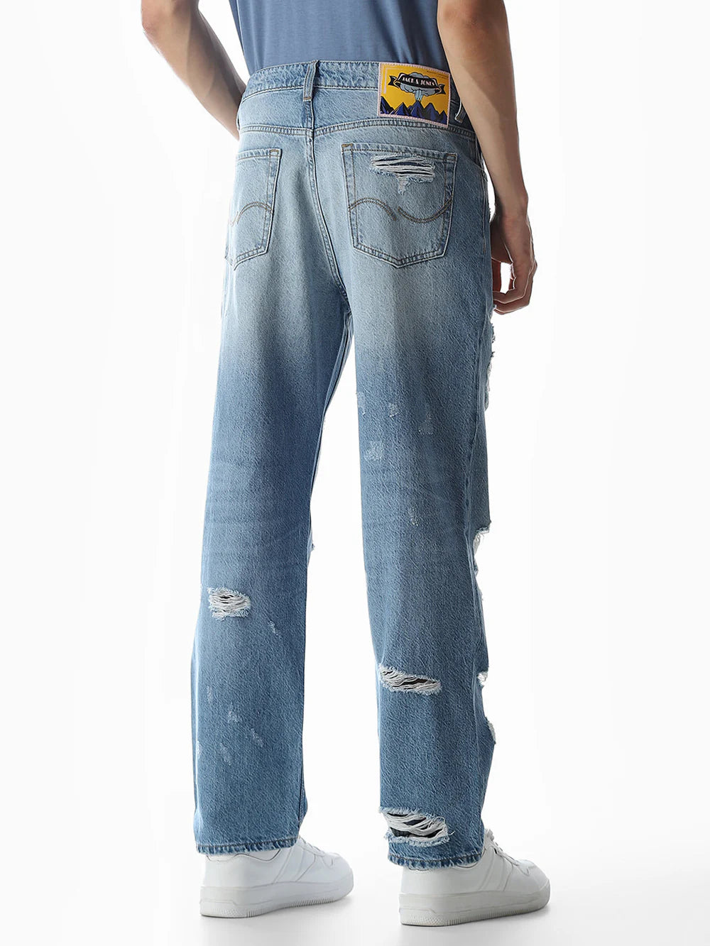 Classic Light Blue Loose Fit Jeans for Men Distressed Casual Look