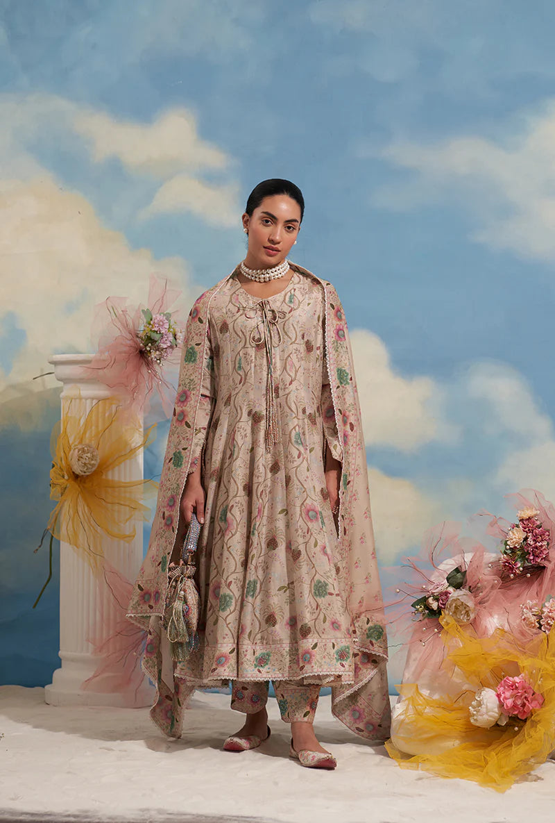 Women’s Ivory Festive Anarkali Kurta Set with Intricate Mughal Inspired Design