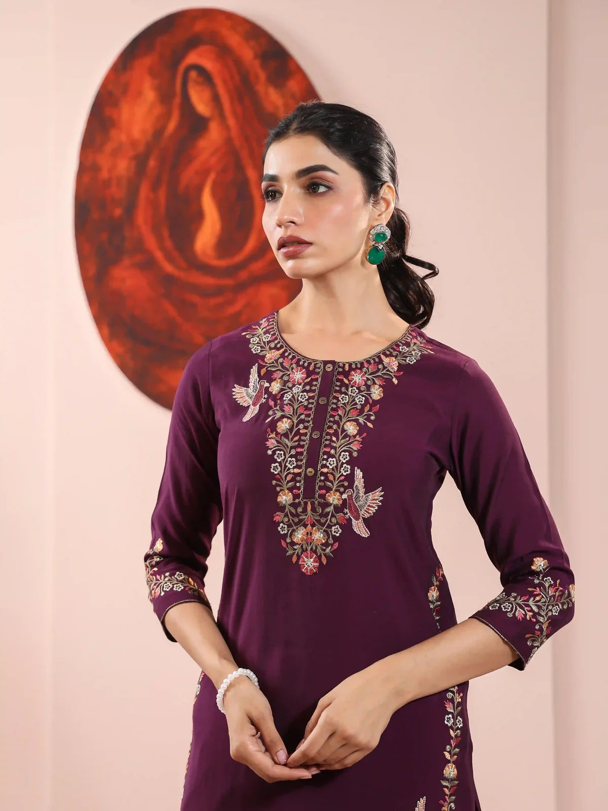 Classic Embroidery Kurta Set with Dupatta & Pants, Detailed with Sequins