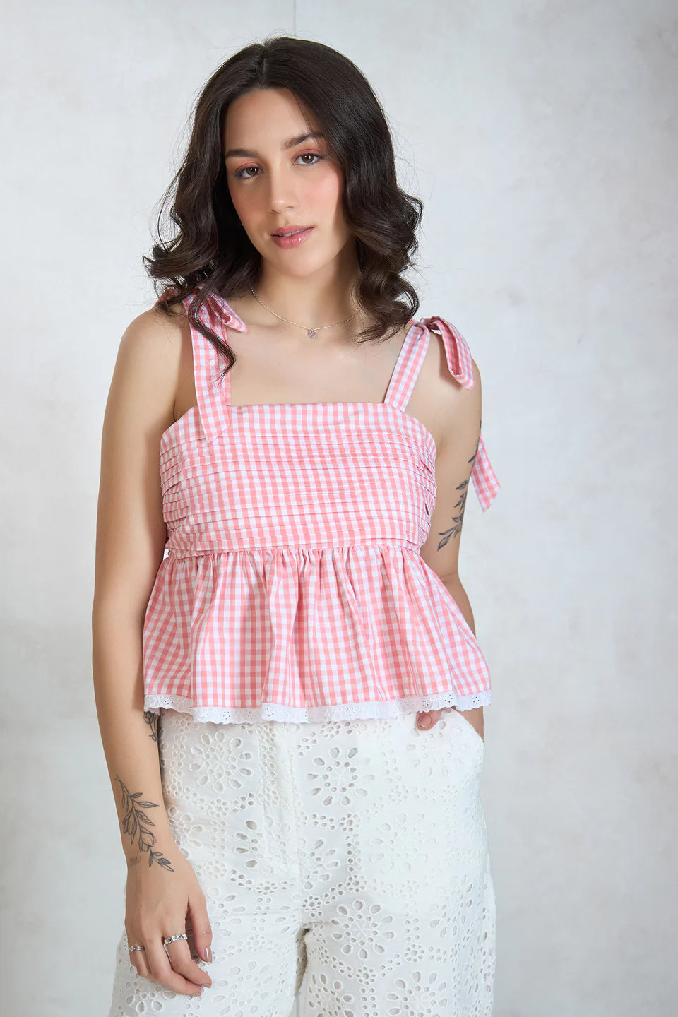 Trendy Women’s Cotton Gingham Tie Shoulder Top