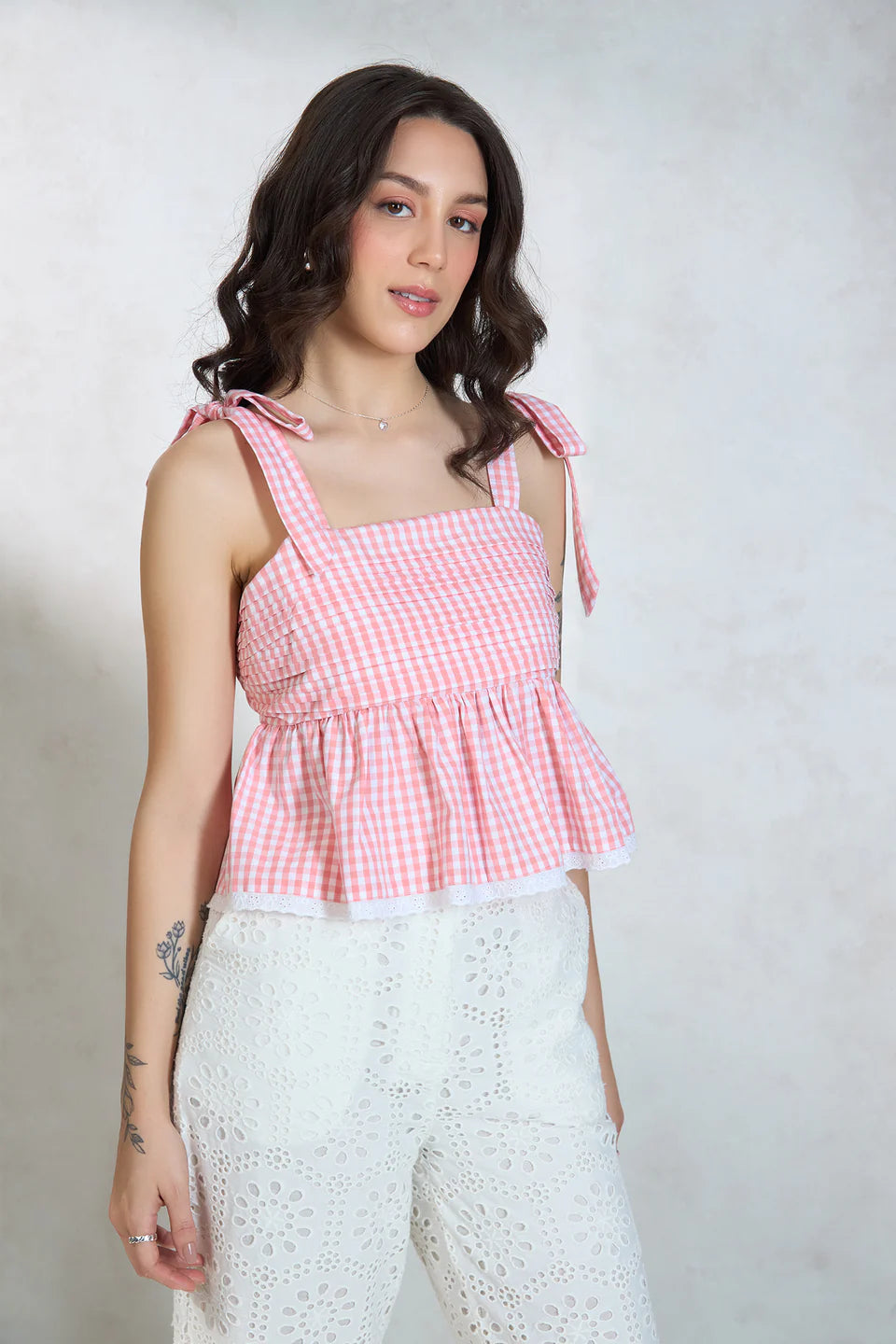 Trendy Women’s Cotton Gingham Tie Shoulder Top