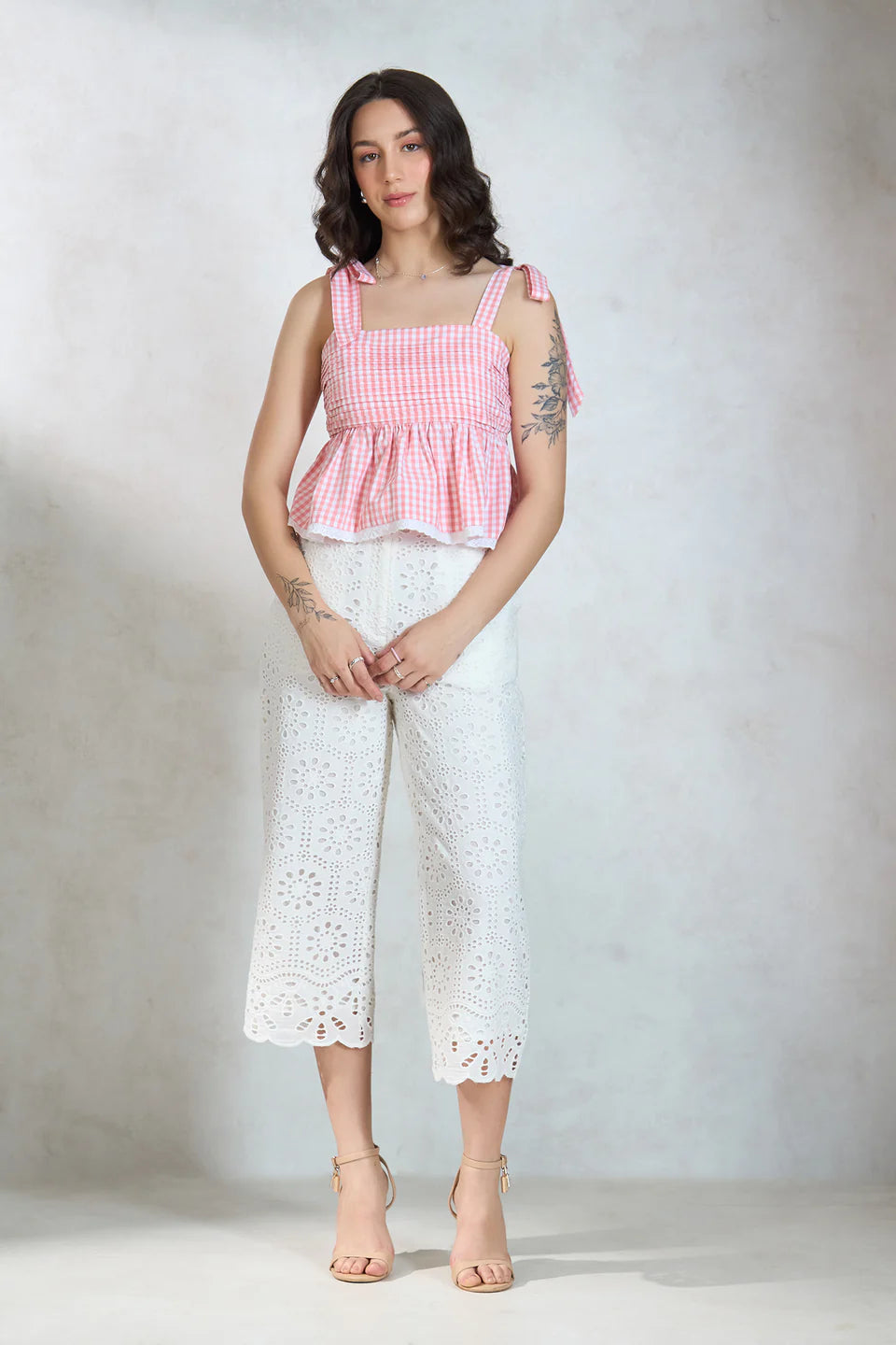 Trendy Women’s Cotton Gingham Tie Shoulder Top