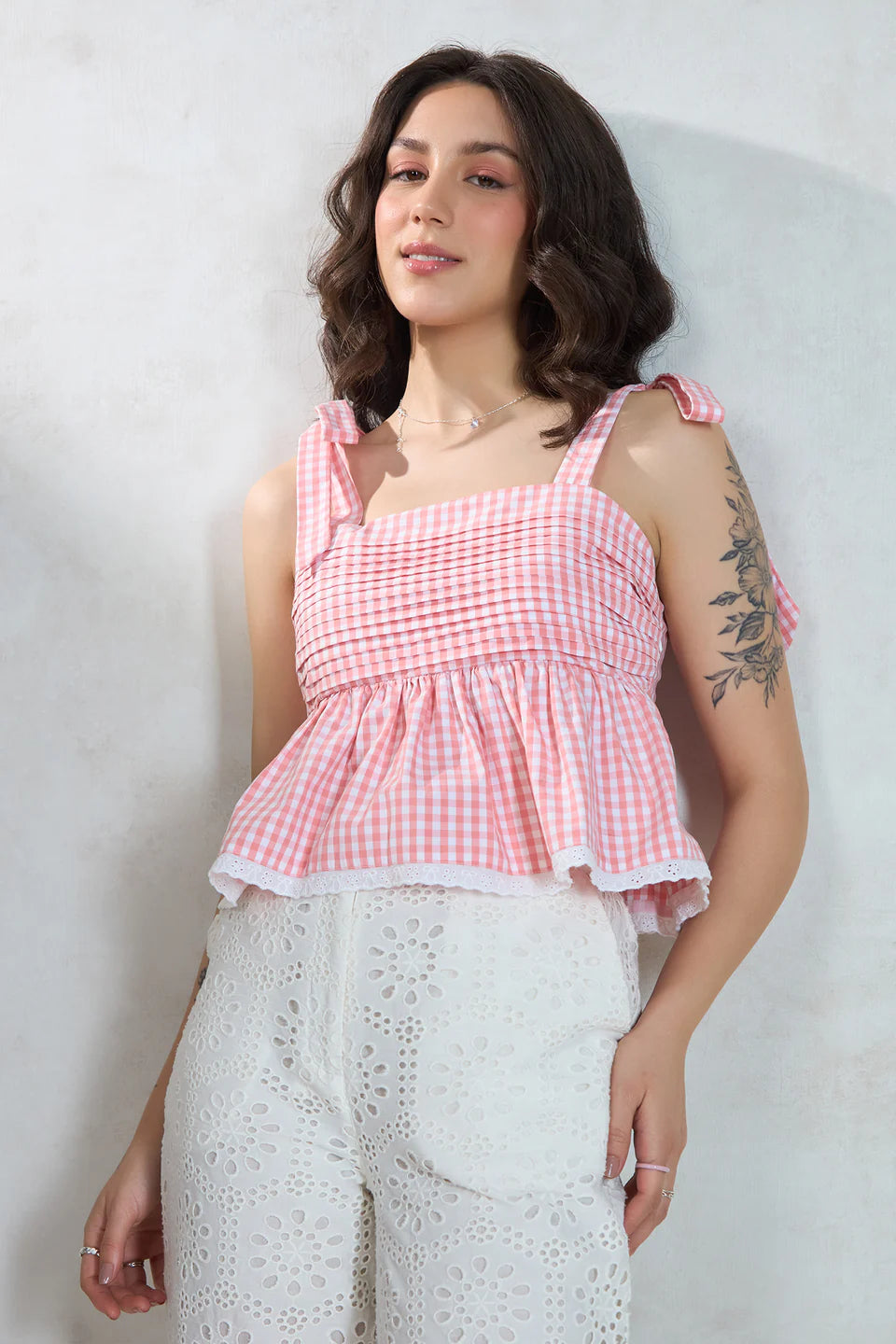Trendy Women’s Cotton Gingham Tie Shoulder Top