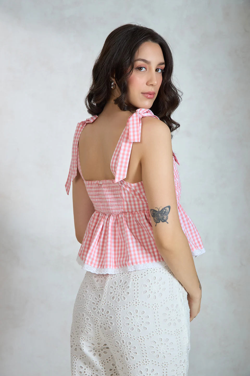 Trendy Women’s Cotton Gingham Tie Shoulder Top