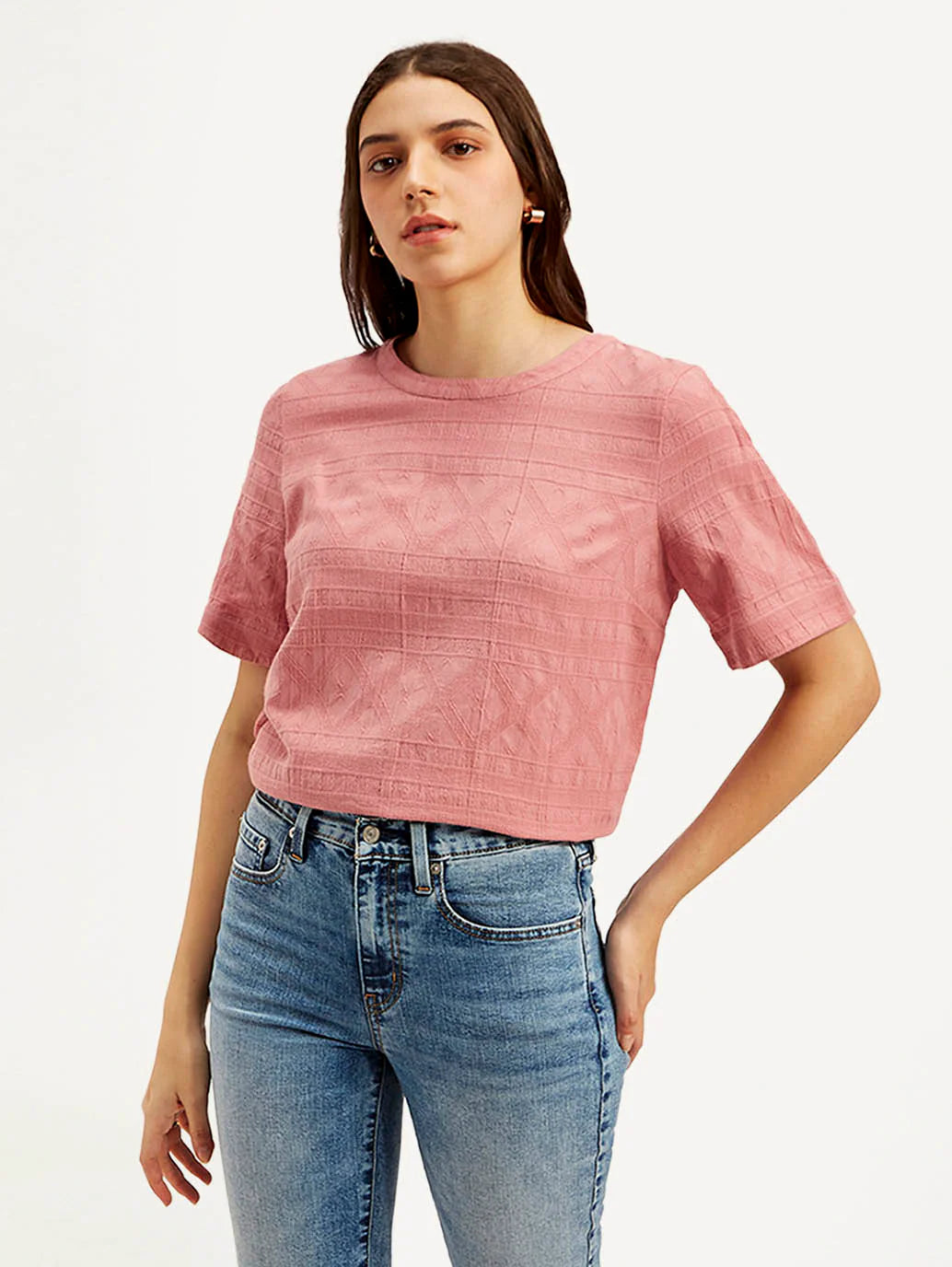 Relaxed Fit Women’s Pink Textured Round Neck Top in Breathable Cotton Blend