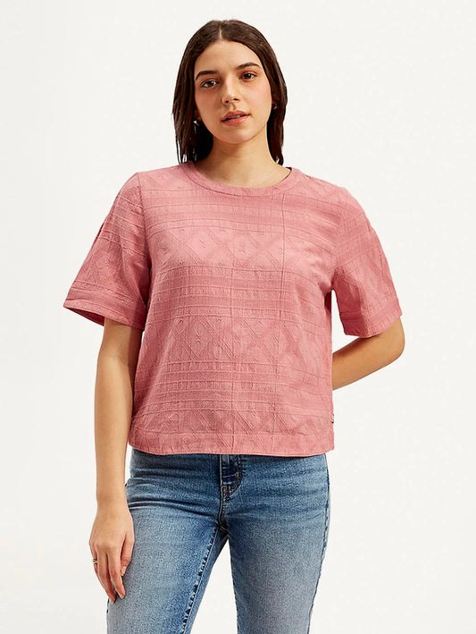 Relaxed Fit Women’s Pink Textured Round Neck Top in Breathable Cotton Blend