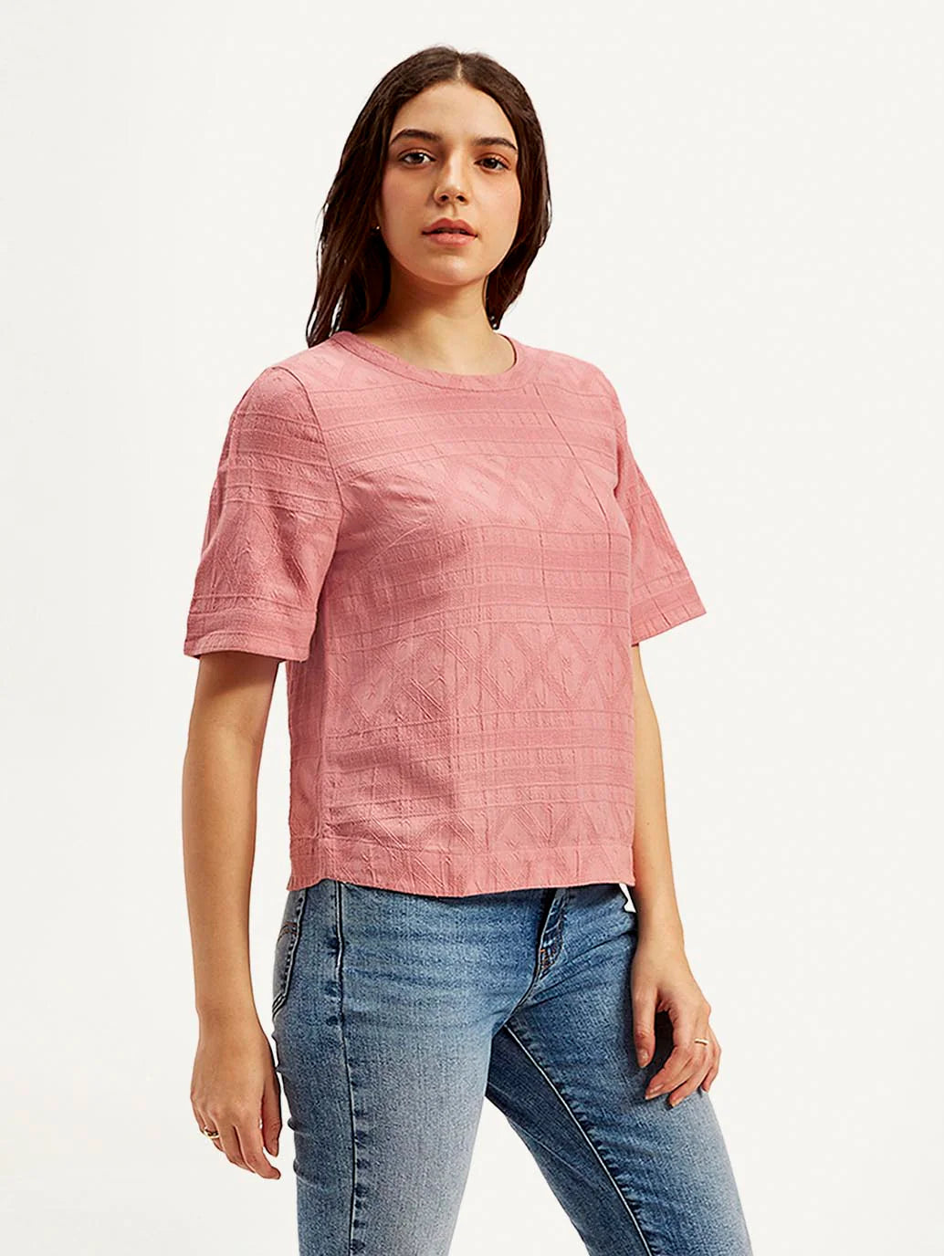 Relaxed Fit Women’s Pink Textured Round Neck Top in Breathable Cotton Blend