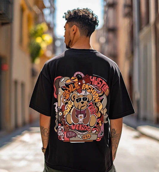Fashionable Black Oversized Cotton T-Shirt for Men with Teddy Bear Back Print