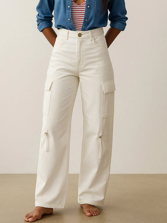 Chic Women’s White Twill Cargo Jeans with Looped Strap Accents for Layering and Casual Outfits