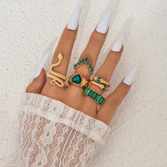 Unique Emerald and Gold Snake Ring Set for Layered Styling