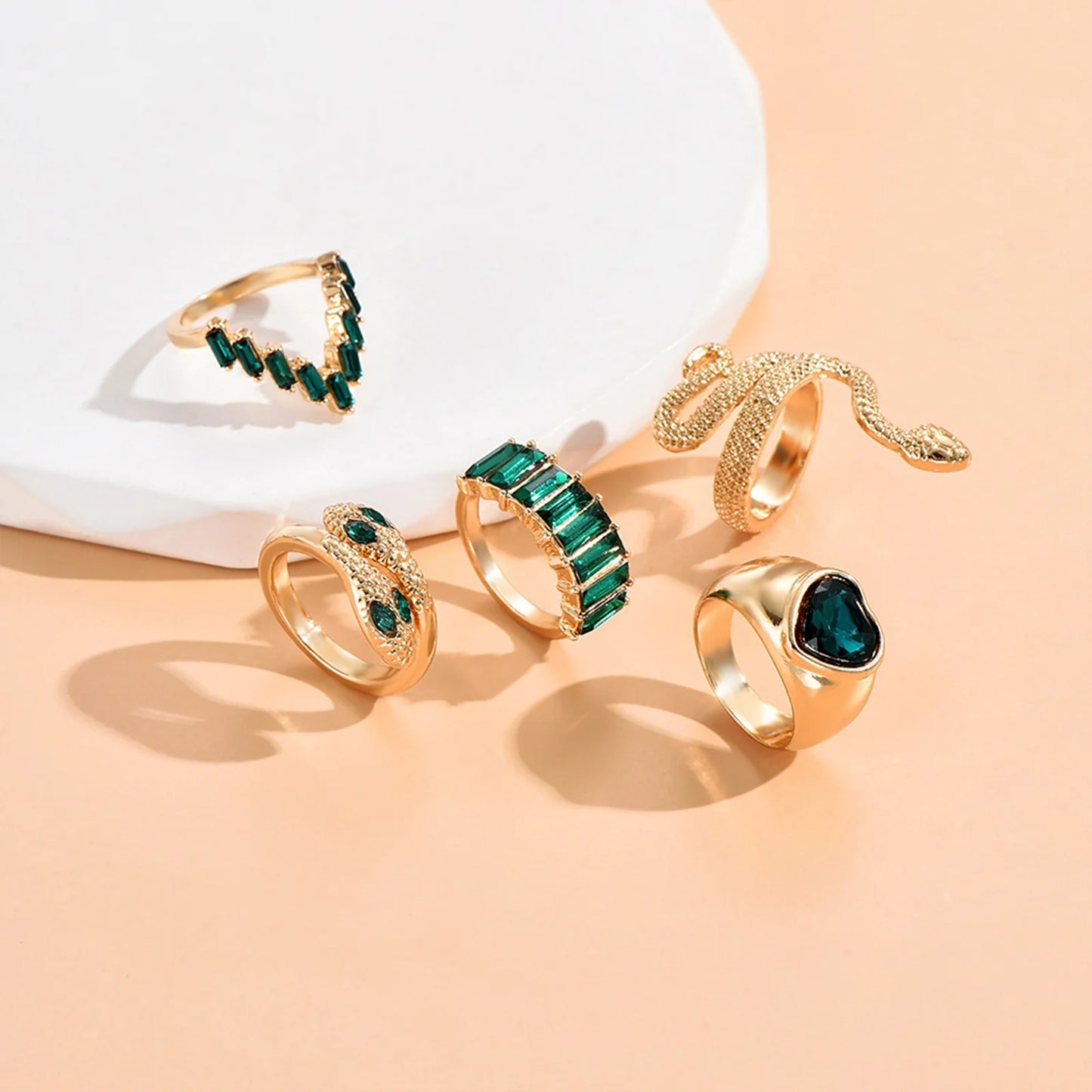 Unique Emerald and Gold Snake Ring Set for Layered Styling