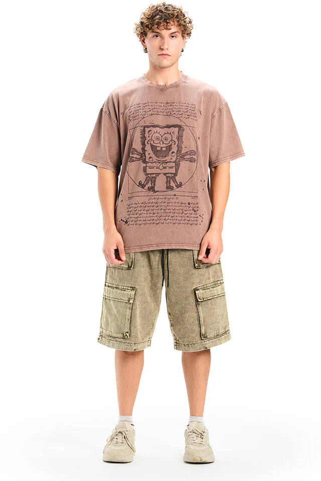 Brown Cotton Oversized T-Shirt Featuring Fun SpongeBob Graphic for Men