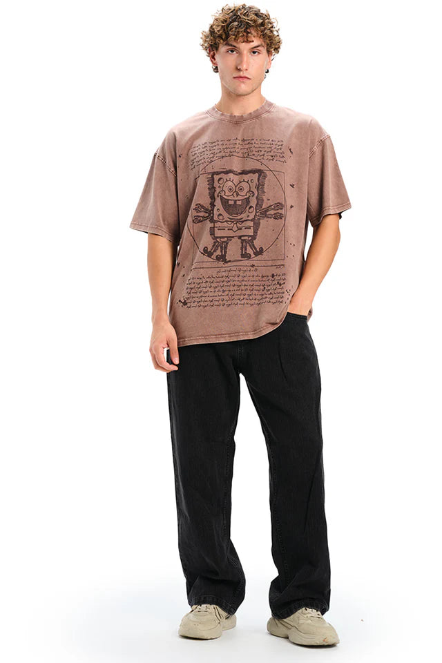 Brown Cotton Oversized T-Shirt Featuring Fun SpongeBob Graphic for Men
