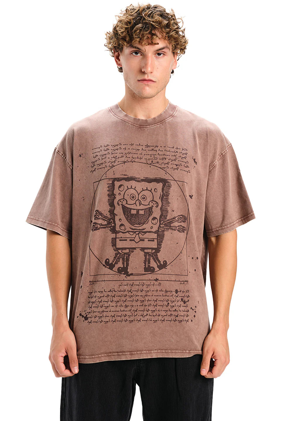 Brown Cotton Oversized T-Shirt Featuring Fun SpongeBob Graphic for Men