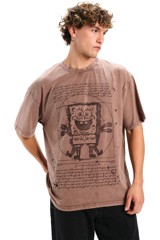 Brown Cotton Oversized T-Shirt Featuring Fun SpongeBob Graphic for Men