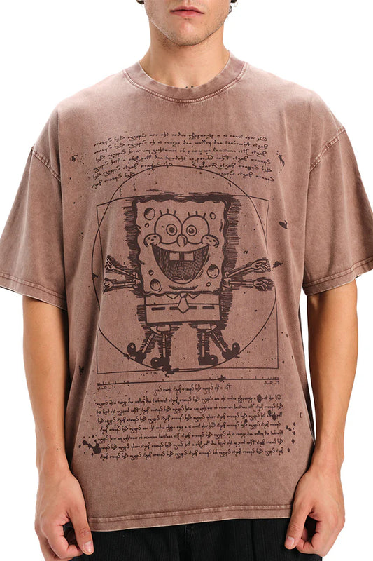 Brown Cotton Oversized T-Shirt Featuring Fun SpongeBob Graphic for Men