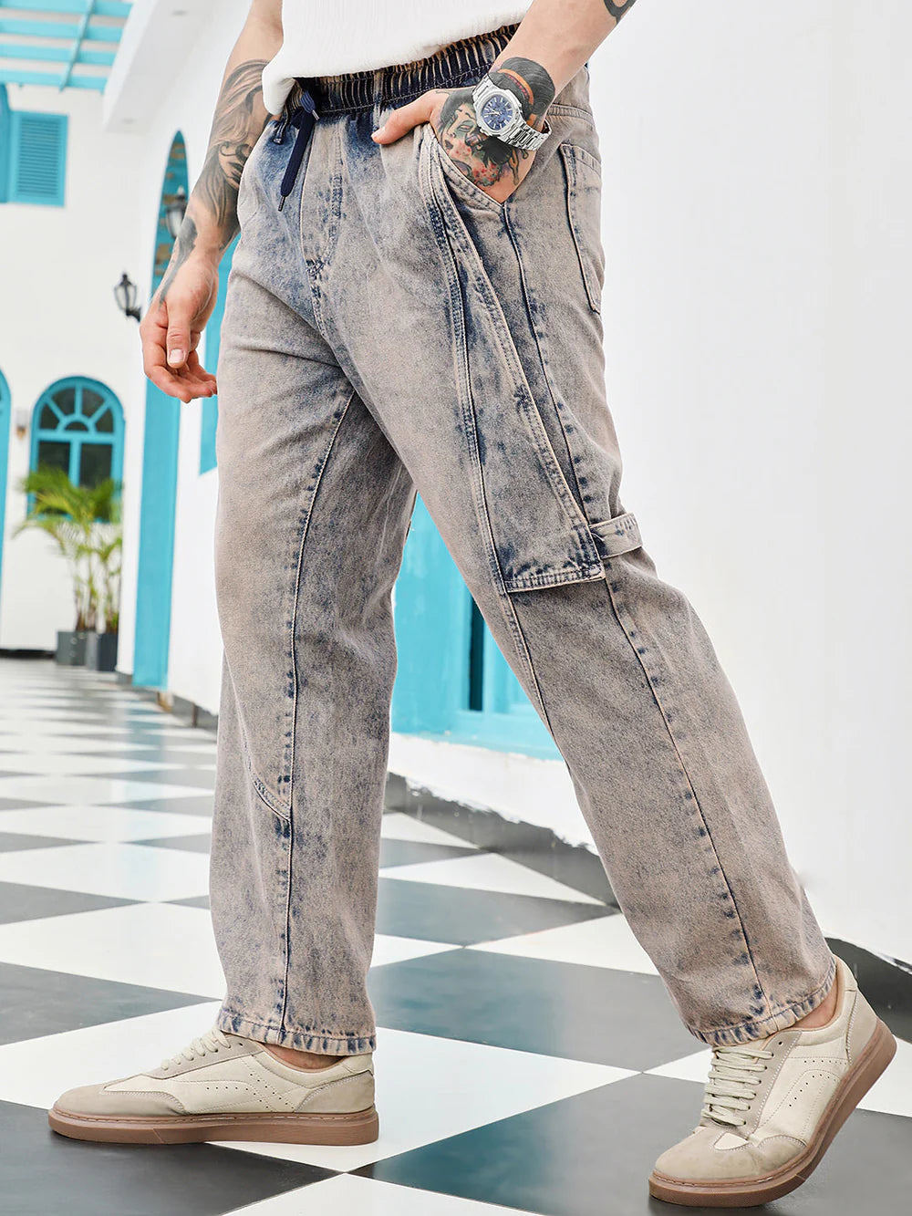 Casual Loose Fit Acid Wash Panelled Denim Jeans for Men