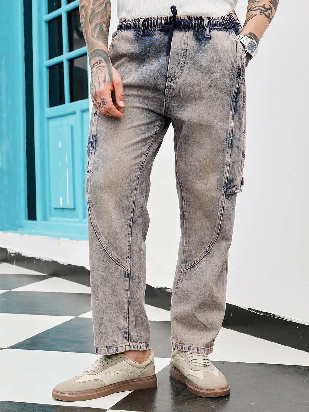Casual Loose Fit Acid Wash Panelled Denim Jeans for Men