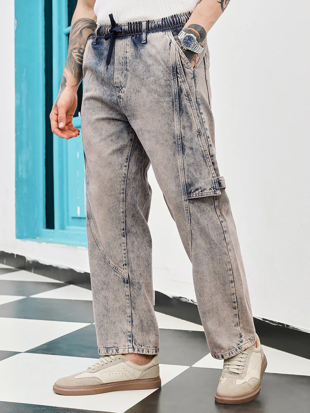 Casual Loose Fit Acid Wash Panelled Denim Jeans for Men
