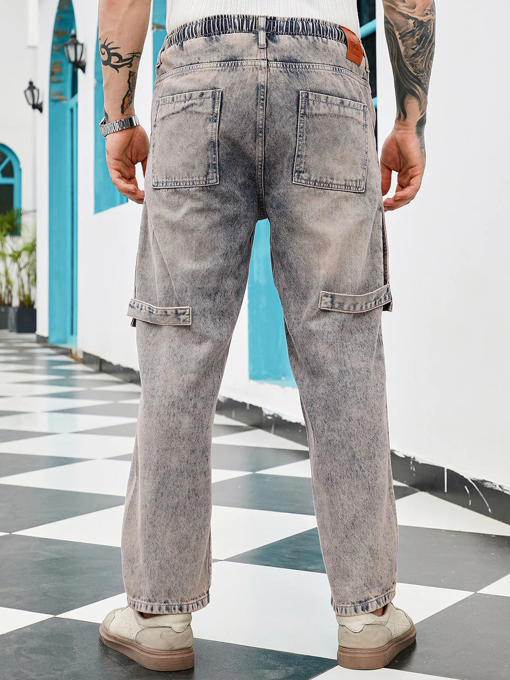 Casual Loose Fit Acid Wash Panelled Denim Jeans for Men