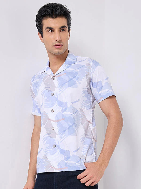 Fashionable Light Blue Slim Fit Shirt for Men with Modern Print Patterns