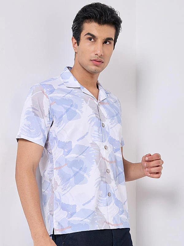 Fashionable Light Blue Slim Fit Shirt for Men with Modern Print Patterns