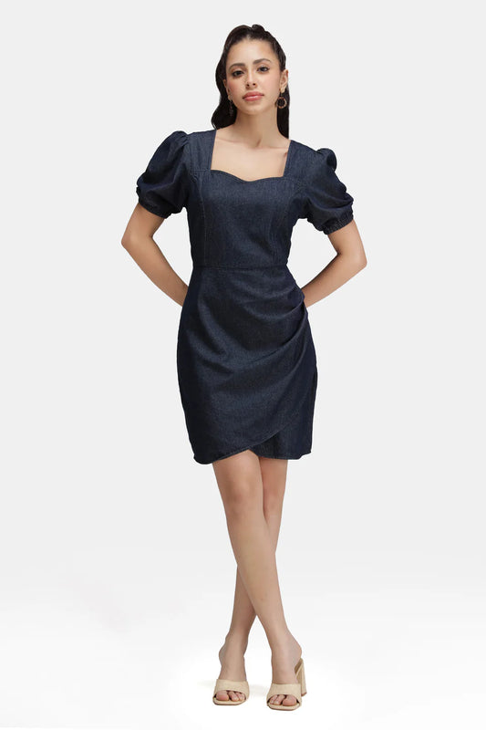 Everyday Wear Cotton Denim Mini Dress with Pleats